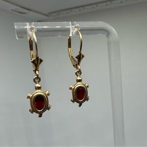 14k Yellow Gold Red Glass Dangle Earrings Sea Turtle Tropical Dangle Lever back